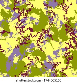 UFO camouflage of various shades of yellow, green and violet colors. It is a colorful seamless pattern that can be used as a camo print for clothing and background and backdrop or computer wallpaper