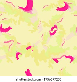 UFO camouflage of various shades of yellow, green and pink colors. It is a colorful seamless pattern that can be used as a camo print for clothing and background and backdrop or computer wallpaper