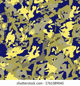 UFO camouflage of various shades of yellow, blue and grey colors. It is a colorful seamless pattern that can be used as a camo print for clothing and background and backdrop or computer wallpaper