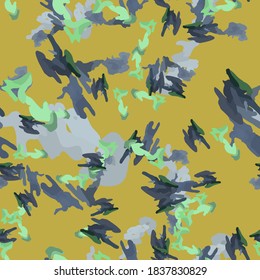 UFO camouflage of various shades of yellow, blue and green colors. It is a colorful seamless pattern that can be used as a camo print for clothing and background and backdrop or computer wallpaper