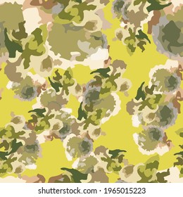 UFO camouflage of various shades of yellow, green, brown and beige colors. It is a colorful seamless pattern that can be used as a camo print for clothing and background and backdrop or computer wallp