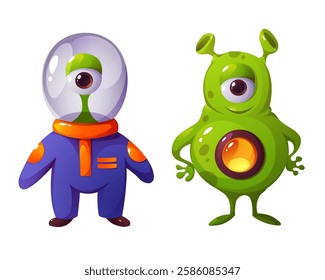 Ufo cartoon characters. Aliens isolated illustrations. Vector extraterrestrial dwellers