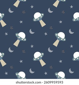 UFO cartoon so cute. On moon star blue background. Pattern seamless vector illustration. 