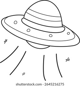 Ufo cartoon doodle illustration isolated vector. Clip art of unidentified flying object or spaceship in line art outline style simple cartoon. For children, material, design