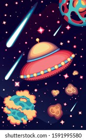 Ufo cartoon. Flat cosmos vector. Children illustration. 