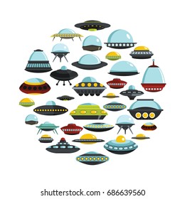 Ufo cartoon icons set on circle. Ufo vector illustration for design and web isolated on white background. Ufo vector object for labels, logos and advertising