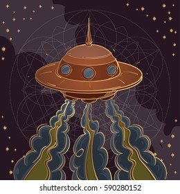 UFO in cartoon style on a dark background with a variety of signs and symbols of sacred geometry. A poster on the theme of space and the universe. Illustration of the aliens.