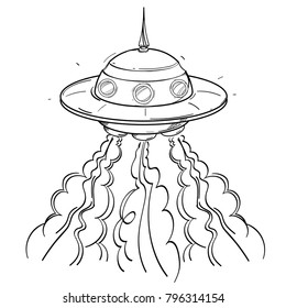 UFO in cartoon style. A poster on the theme of space and the universe. Illustration of the aliens.