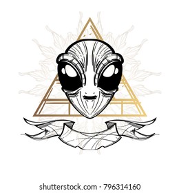 UFO in cartoon style. A poster on the theme of space and the universe. Illustration of the aliens.