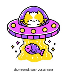 Ufo gato alienígena en platillo volador abducción arte de pescado para camisetas de arte impreso.Dibujo gráfico de la línea del vector diseño del logo.Ufo, gato, kittie, alien, papel de platillo volador para afiches, concepto de camiseta