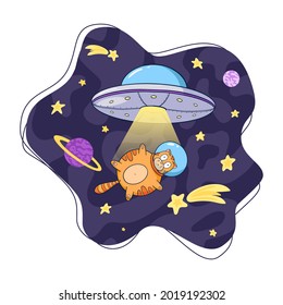 UFO and Cat Astronaut in Space Cartoon Illustration. Flying saucer and spaceman animal template for logo, print, nursery decor, Web design, Banner, Flyer, Sticker, Card