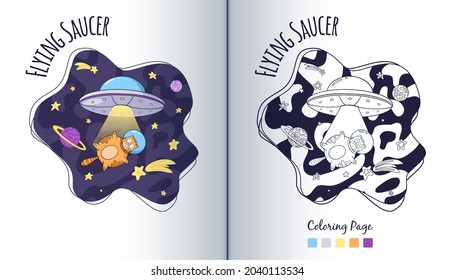 UFO and Cat Astronaut in Space Coloring Page. Flying saucer and spaceman animal in Stars. Cartoon Style. Spacecraft and cosmic cat children illustration. Premium Vector