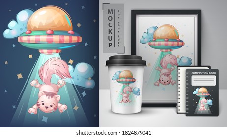 Ufo cat - poster and merchandising. Vector eps 10