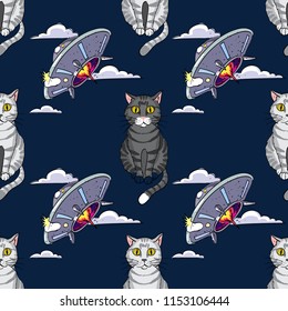 ufo, cat seamless pattern