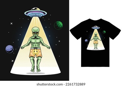 Ufo catching alien in the space illustration with tshirt design premium vector the Concept of Isolated Technology. Flat Cartoon Style Suitable for Landing Web Pages, Banners, Flyers, Stickers, Cards