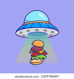 Ufo Catching Burger Cartoon Vector Icon Illustration. Food Science Food Icon Concept Isolated Premium Vector. Flat Cartoon Style