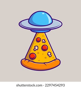 Ufo Catching Pizza Cartoon Vector Icon Illustration. Science Food Icon Concept Isolated Premium Vector. Flat Cartoon Style
