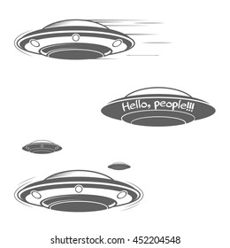 UFO cocept. Set of UFOs. Flying saucer. Aliens. Hello, people! Vintage style. Vector illustration.