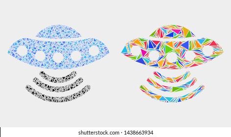 UFO collage icon of triangle items which have various sizes and shapes and colors. Geometric abstract vector design concept of UFO.