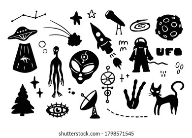 UFO collection elements for poster, banner, textile, nursery, cards. Mysterious paranormal things. Vector set illustration isolated on white background