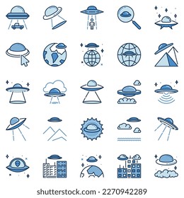 UFO colored icons set. Flying Disc and Alien Spaceship concept vector creative signs collection