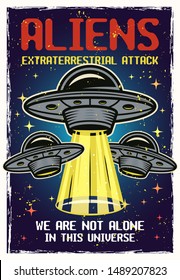 UFO colored poster with textures and text aliens extraterrestrial attack. Vector illustration