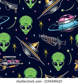 UFO Colorful Pattern Seamless Vintage With Green Alien Face And Flying Saucers With Sci-fi Style Space Weapons Vector Illustration