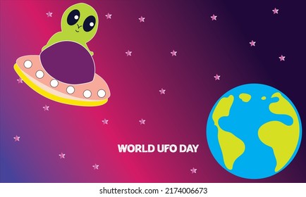 UFO colorful poster with alien spaceship. World UFO day background with curious alien coming to the earth