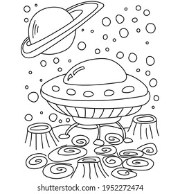 UFO coloring book page, spaceship on the surface with craters and fantasy patterns vector illustration