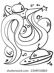 UFO coloring page with flying spaceships, outline space vector illustration for activity