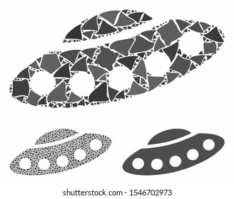 UFO composition of raggy parts in various sizes and color tinges, based on UFO icon. Vector raggy dots are combined into collage. UFO icons collage with dotted pattern.