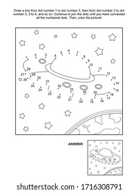 UFO connect the dots, or dot-to-dot, activity and coloring page, outer space themed, with UFO, stars, earth. Answer included.