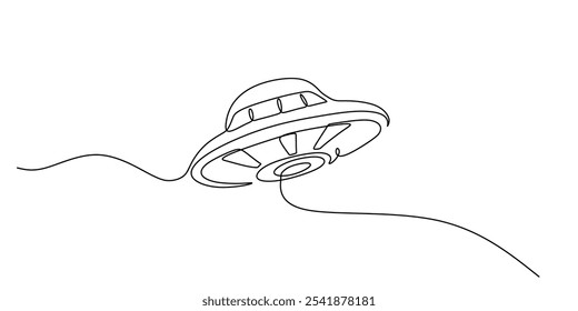 UFO in continuous one line drawing. Minimalist space object concept for alien and mystery themes.