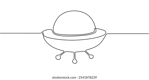 UFO in continuous one line drawing. Simple design highlighting space and unknown object concepts.