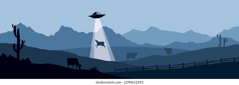 Secuestro de vacas de OVNI. Graciosa ilustración vectorial, paisaje nocturno con campo y vacas