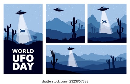 UFO Cow Abduction. Funny vector illustrations for world UFO day, night landscape with flying saucer over mexico