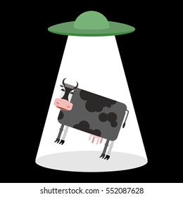UFO and cow. Aliens abduct cattle. Frisbee and farm animals