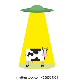 UFO and cow. Aliens abduct cattle. Frisbee and farm animals