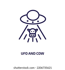 ufo and cow icon from astronomy collection. Thin linear ufo and cow, cow, spaceship outline icon isolated on white background. Line vector ufo and cow sign, symbol for web and mobile