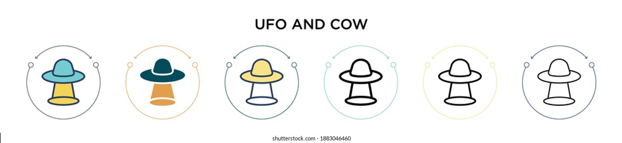 Icono de Ufo y vaca en estilo relleno, delgado, contorno y trazo. Ilustración vectorial de dos diseños de ufo de color y negro e iconos vectoriales de vaca pueden utilizarse para móviles, ui, web