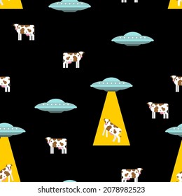 Ufo and cow pattern seamless. Alien flying saucer and cows background. Concept of extraterrestrial civilizations and Experiments on another planet