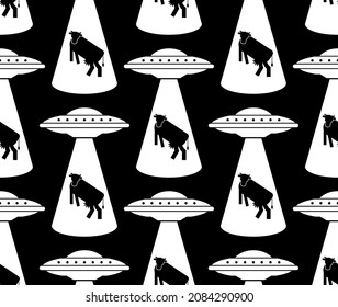 Ufo and cow pattern seamless. Alien flying saucer and cows background. Concept of extraterrestrial civilizations and Experiments on another planet