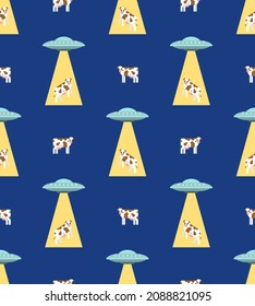 Ufo and cow pattern seamless. Alien flying saucer and cows background. Concept of extraterrestrial civilizations and Experiments on another planet