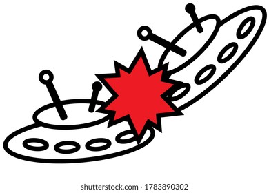 UFO crash, collision of two flying saucers, flat design