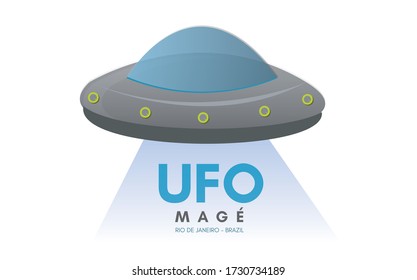 Ufo crash in Mage, Rio de Janeiro, RJ, Brazil. Flying saucer in May 12th. Vector illustration stamp isolated on white background.