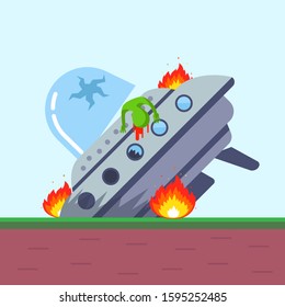 UFO crashed on the ground. dead alien. flat vector illustration.