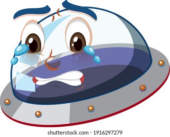 Ufo with crying face expression on white background illustration