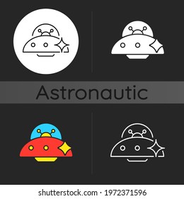 Ufo dark theme icon. Unidentified flying object. Alien ivasion. High tech technologies. Plate shaped space aircraft. Linear white, simple glyph and RGB color styles. Isolated vector illustrations