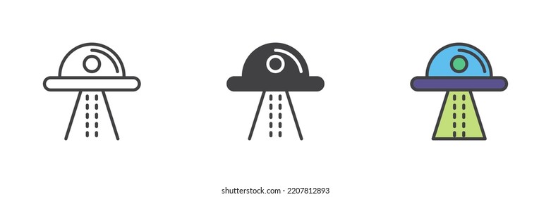 Conjunto de iconos de estilo diferente de OVNI. Línea, glifo y contorno relleno versión colorida, contorno y signo vectorial relleno. Símbolo, ilustración del logotipo. Gráficos vectoriales