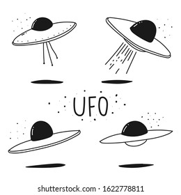 UFO doodle hand drawn vector set isolated on a white background.